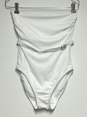Michael Kors White Belted One Piece strapless Swimsuit Sz 6